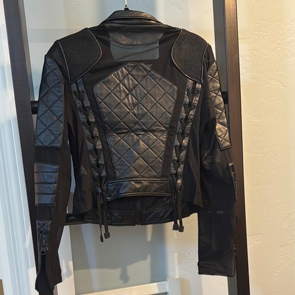 Blanc Noir-Classic Leather Mesh Moto Jacket - Picture 6 of 8